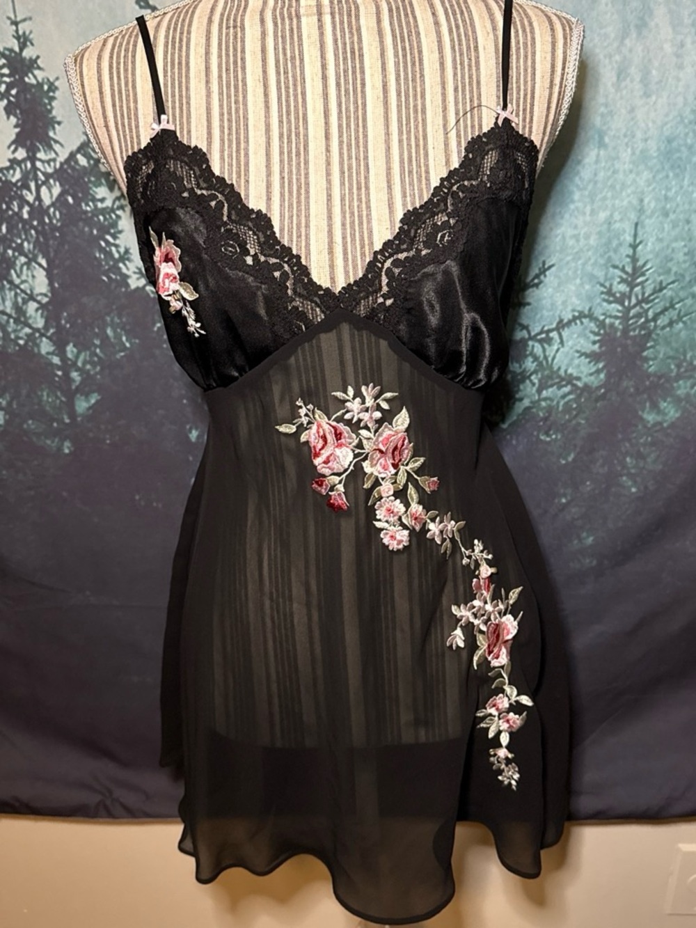 Vintage California Dynasty Black Chemise Slip Dress with Rose Embroidery